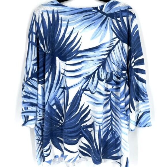 Talbots Tropical Blue & White Sweater V-Neck Size 2X Palm Print Plus Coastal - Picture 2 of 10